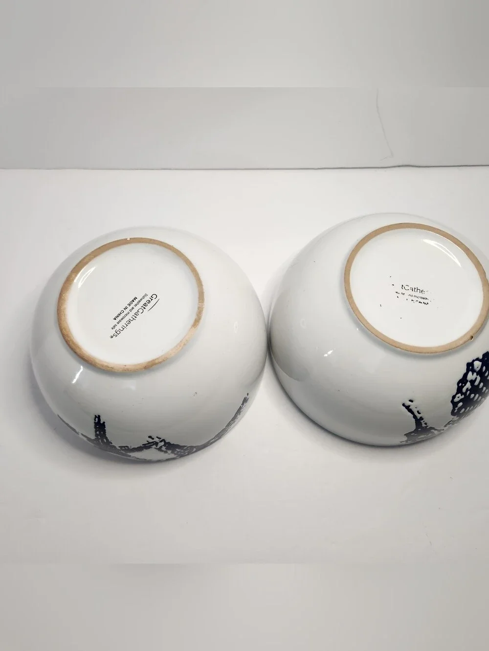 Coastal Ceramic Bowl Pair in White with Blue Interior